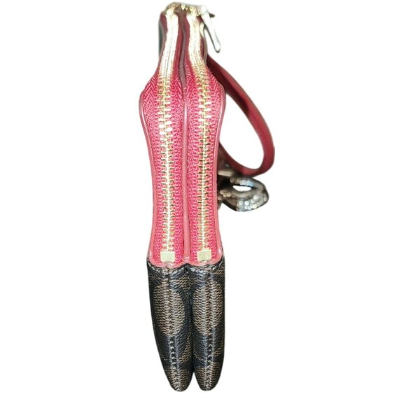 Coach Double Zip Brown & Red Signature Wristlet *SEE FLAWED last picture - Picture 4 of 8